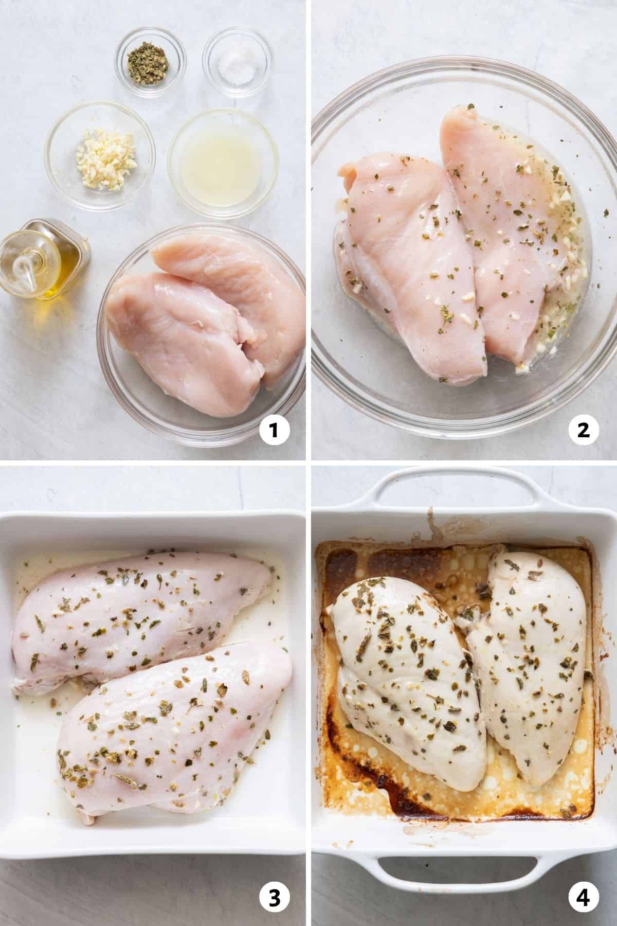 4 image collage showing ingredients for marinade, chicken breasts in bowl covering marinade, and then chicken breast in square baking dish before and after cooked.