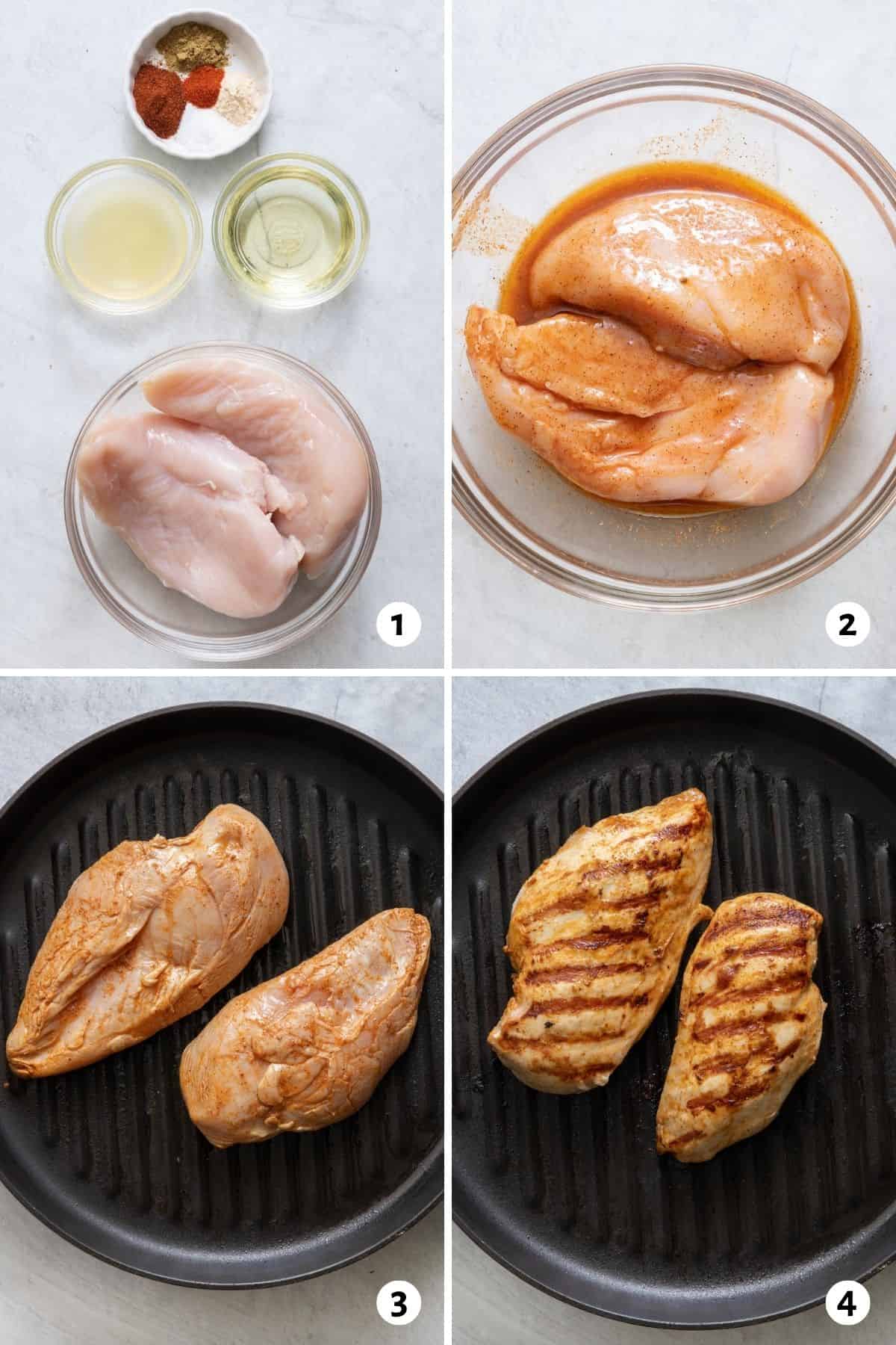 4 image collage showing ingredients for marinade, chicken breasts in bowl covering marinade, and then chicken breast on round grill pan before and after cooked.