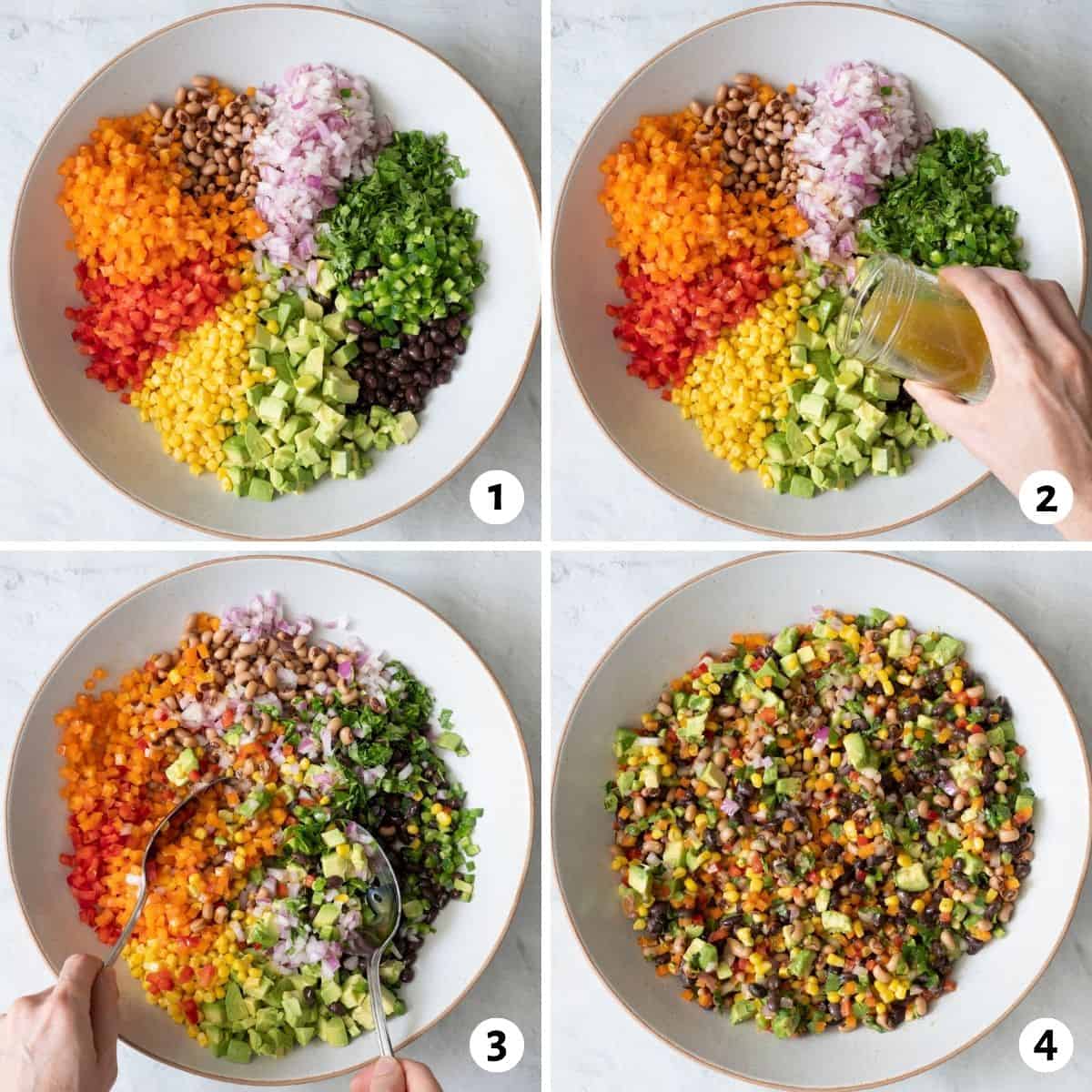 4 image collage making salad recipe in one bowl by adding chopped vegetables to bowl, pouring dressing over and then tossing together, and the final salad after combining.