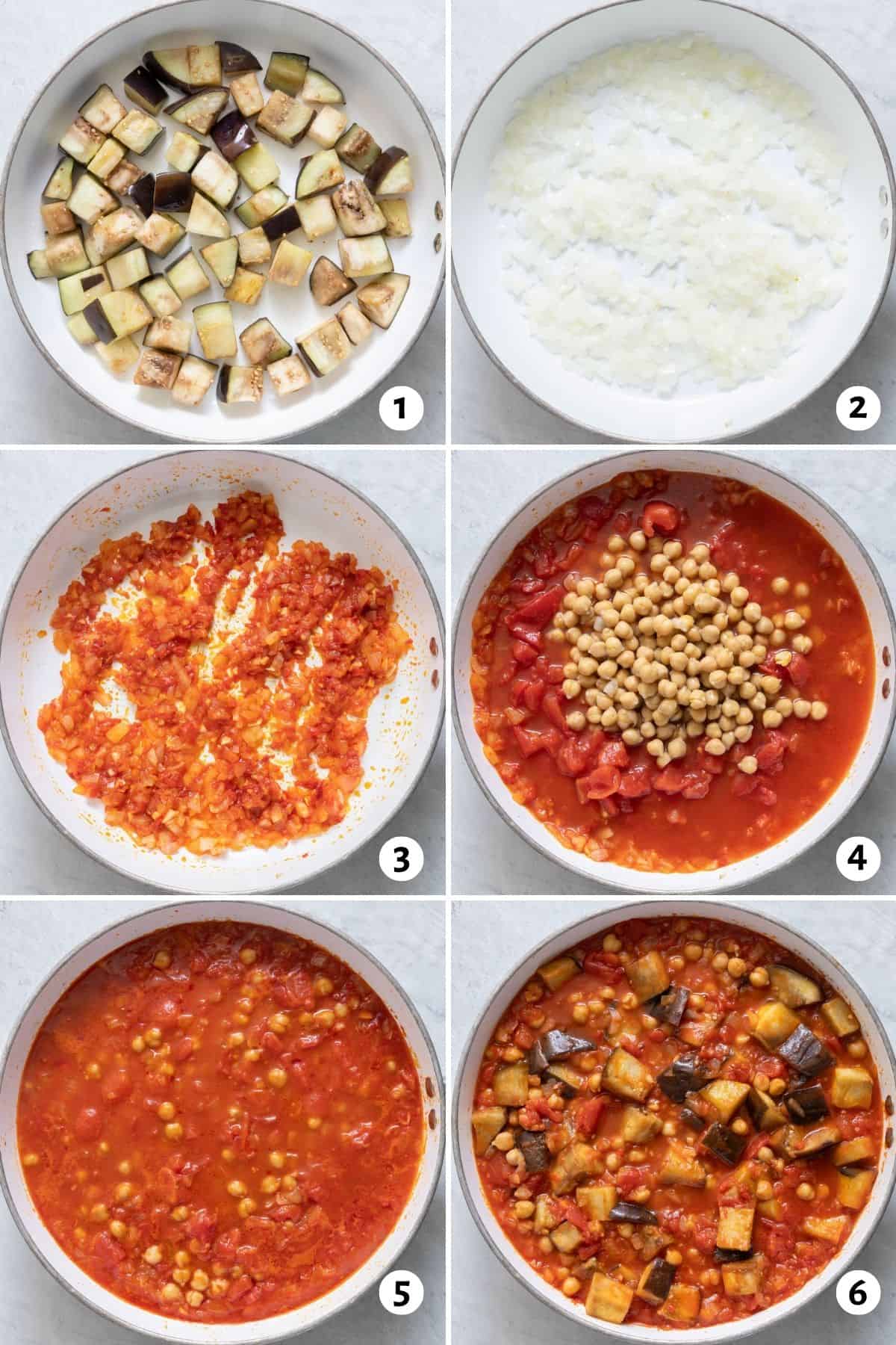 6 image collage making stew in one pot: 1- cooking eggplant cubes, 2- eggplant removed, onions added and cooked, 3- garlic and tomato paste stirred in, 4- tomatoes and chickpeas added, 5- ingredients in pot combined, 6- recipe after thickened with eggplant added back.