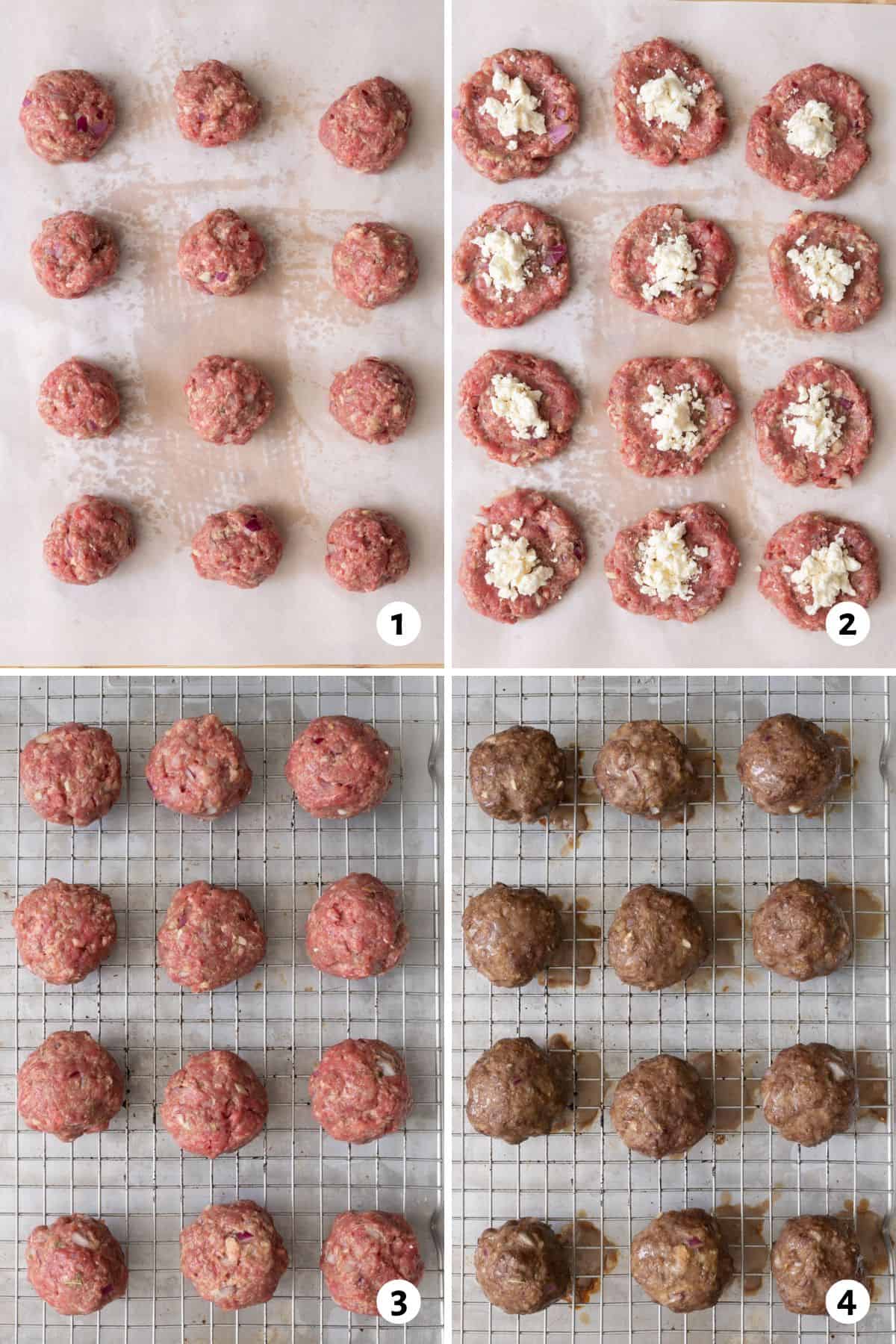 4 image collage prepping meatballs, stuffing them with cheese, placing on a wire rack to be baked, and showing them after being baked.