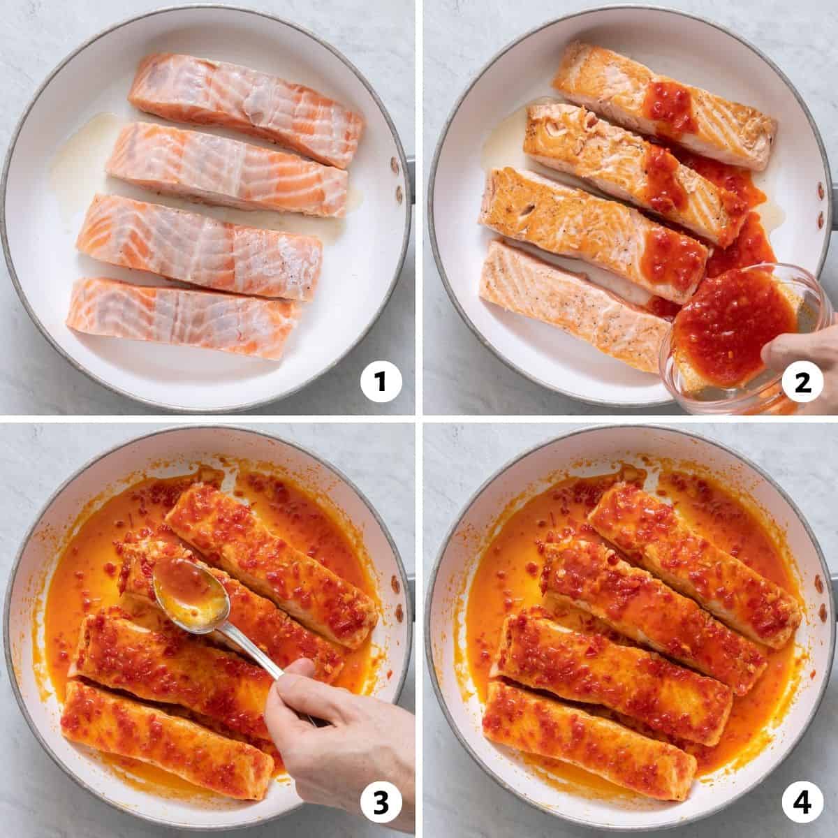 4 image collage placing salmon in skillet and pouring harissa sauce over top and cooking through.