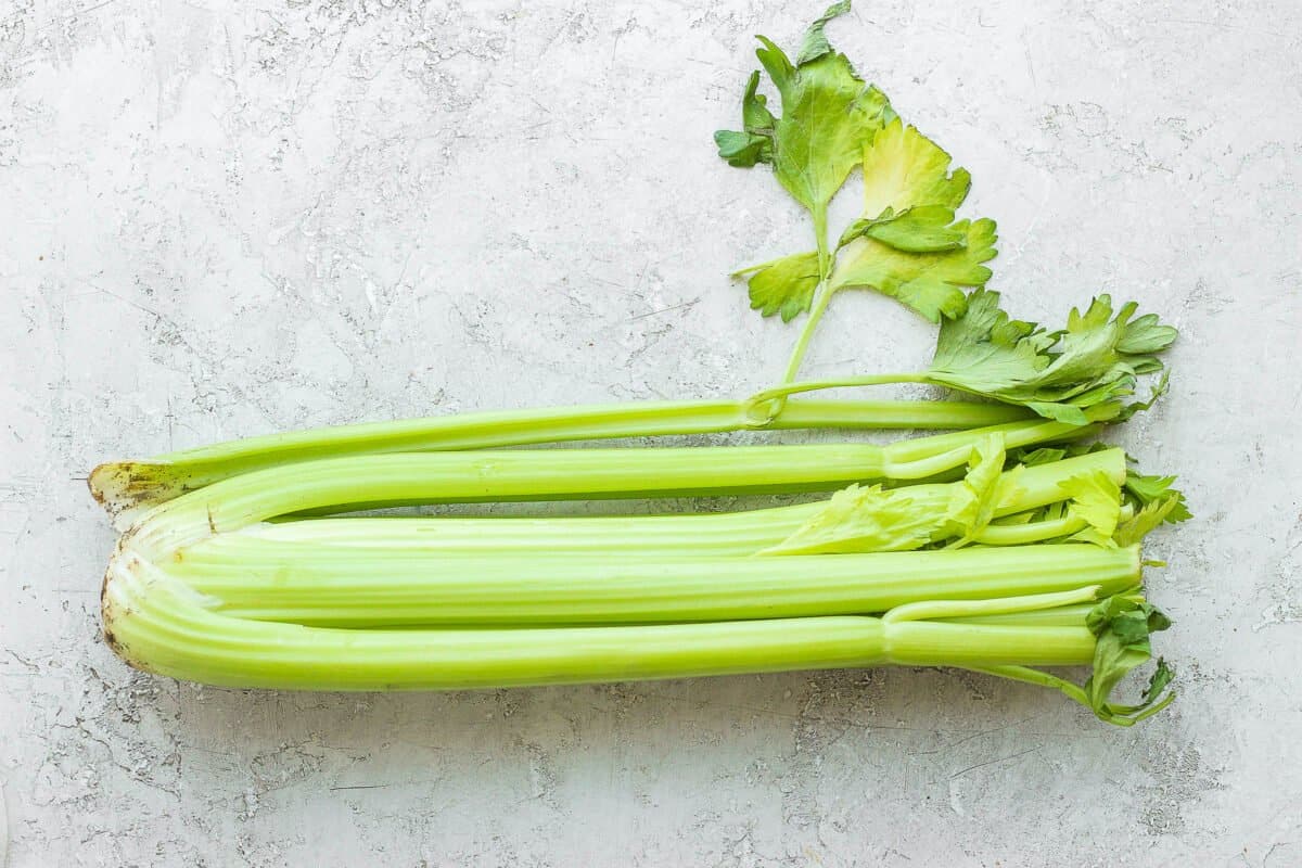 Celery stalk laying flat on surface.