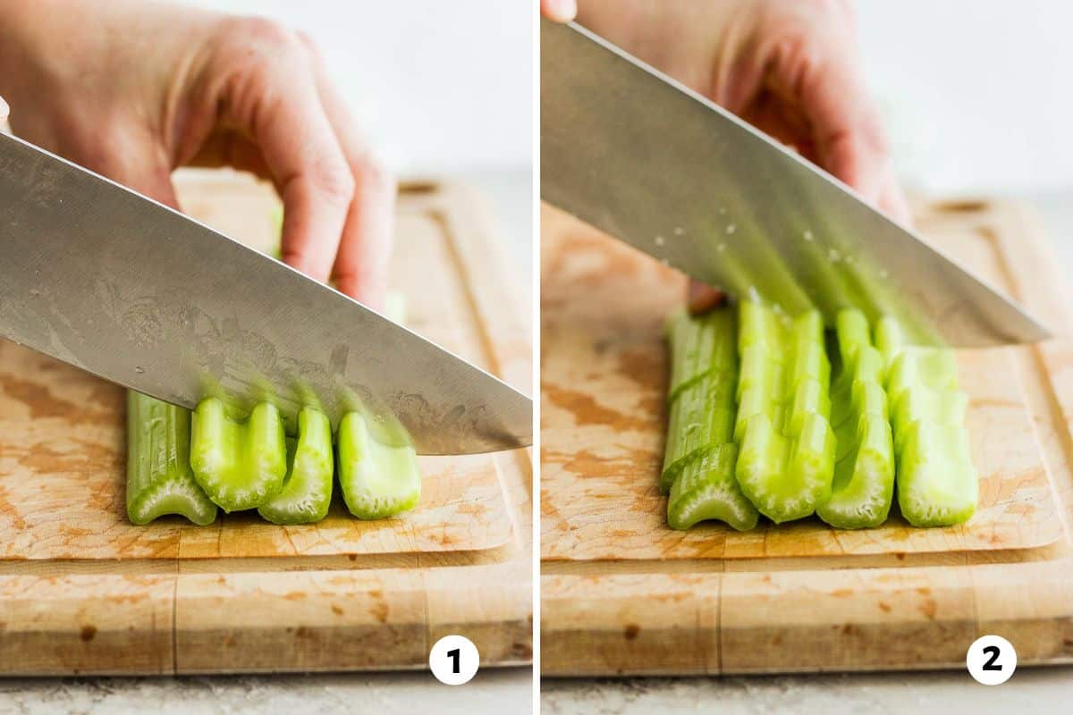 2 image collage dicing celery into chunks.