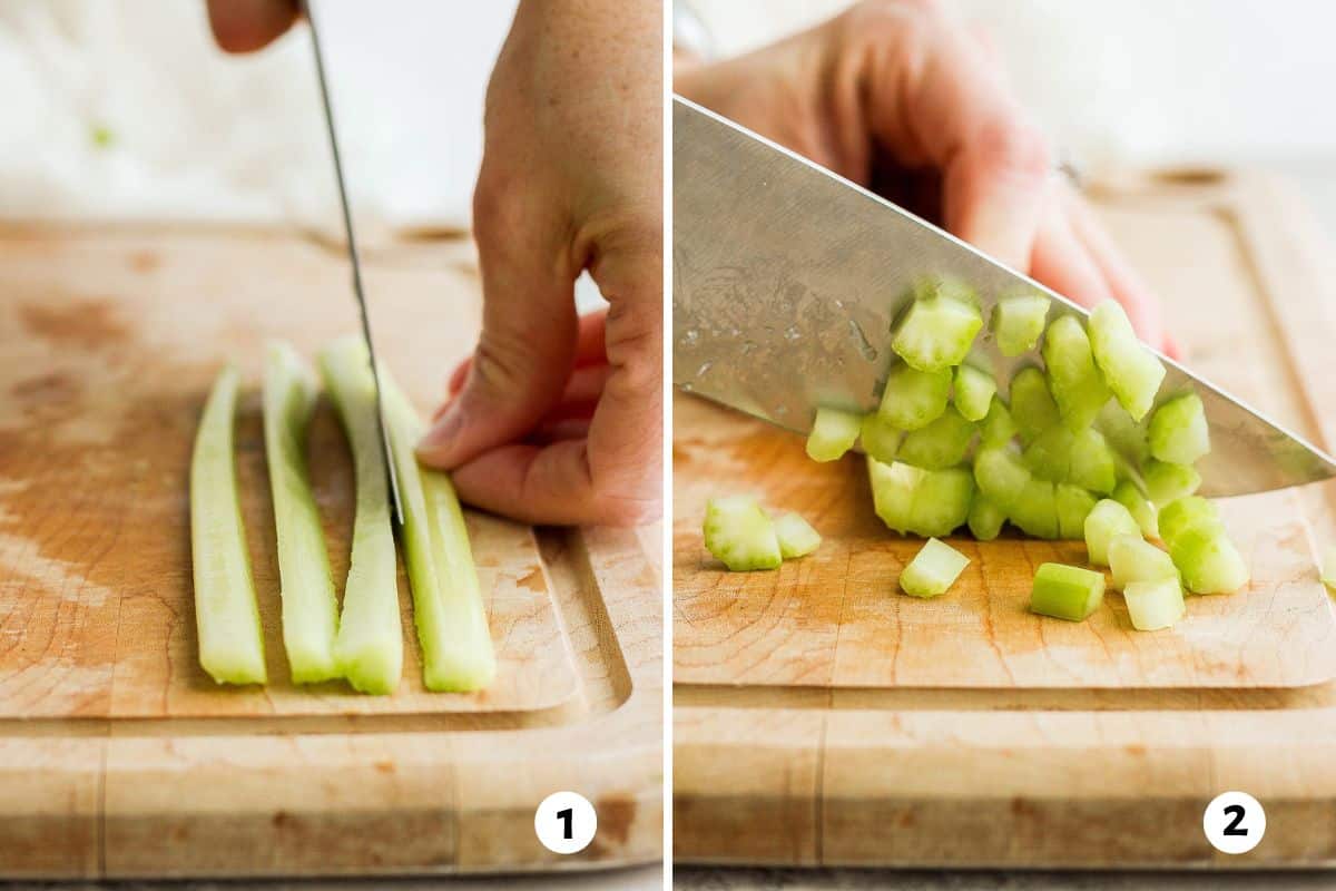 2 image collage showing a knife slicing a stalk of celery down the middle lengthwise and then chopping into small pieces on a cutting board.