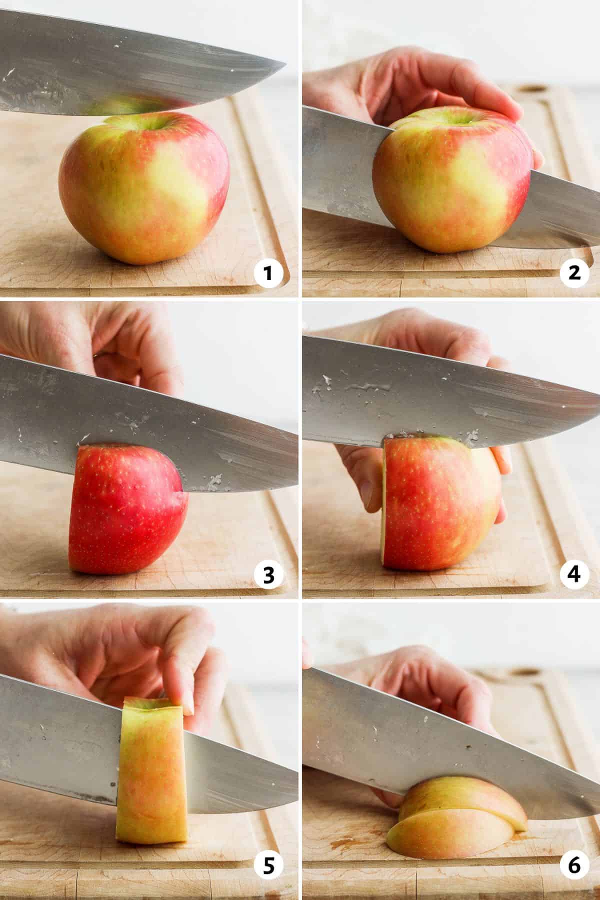 6 image collage showing how to cut an apple by cutting around the core and then slicing.