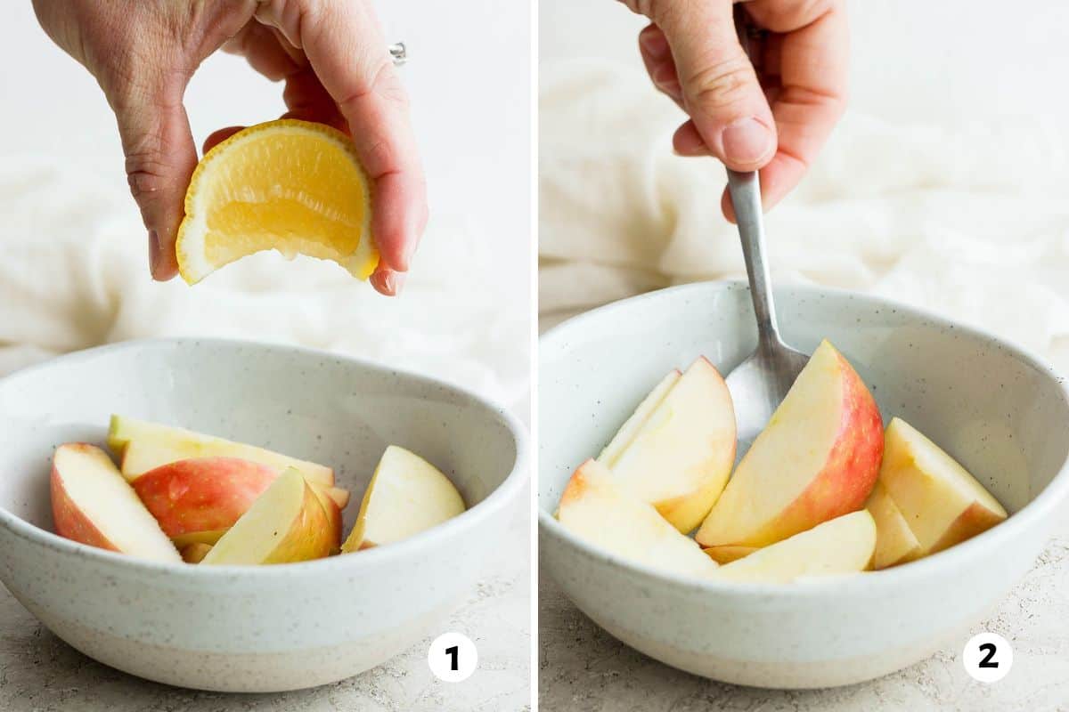 2 image collage of a bowl of apple slices with a lemon being squeezed on top and then tossing the apples in the juice with a spoon.