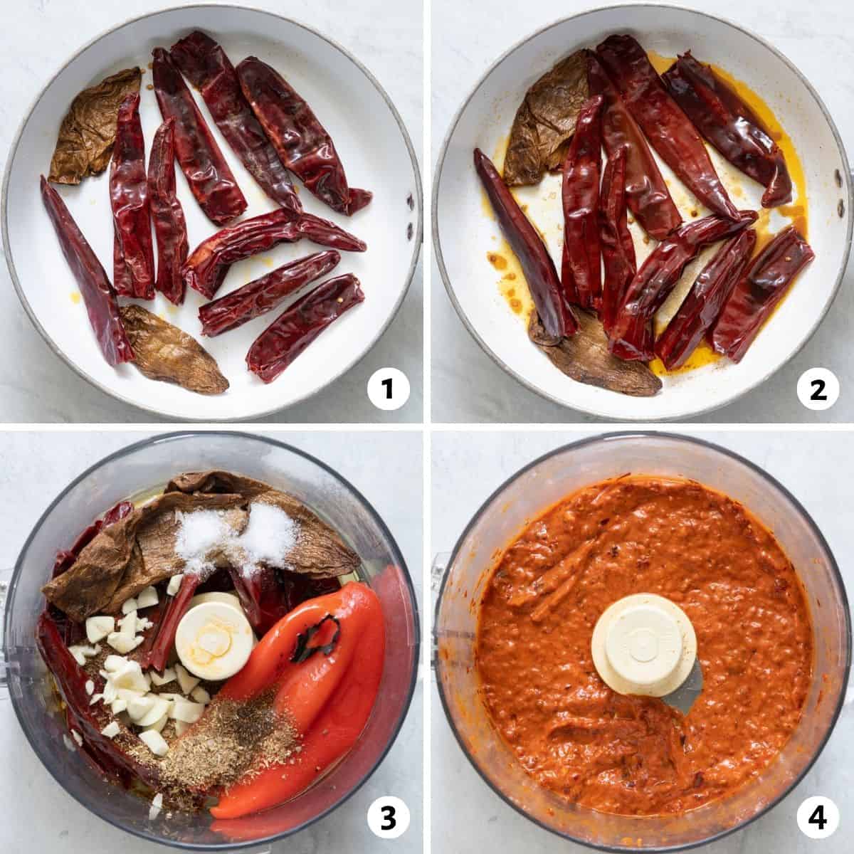 4 image collage on how to make recipe in a fry pan and then blended in a food processor.
