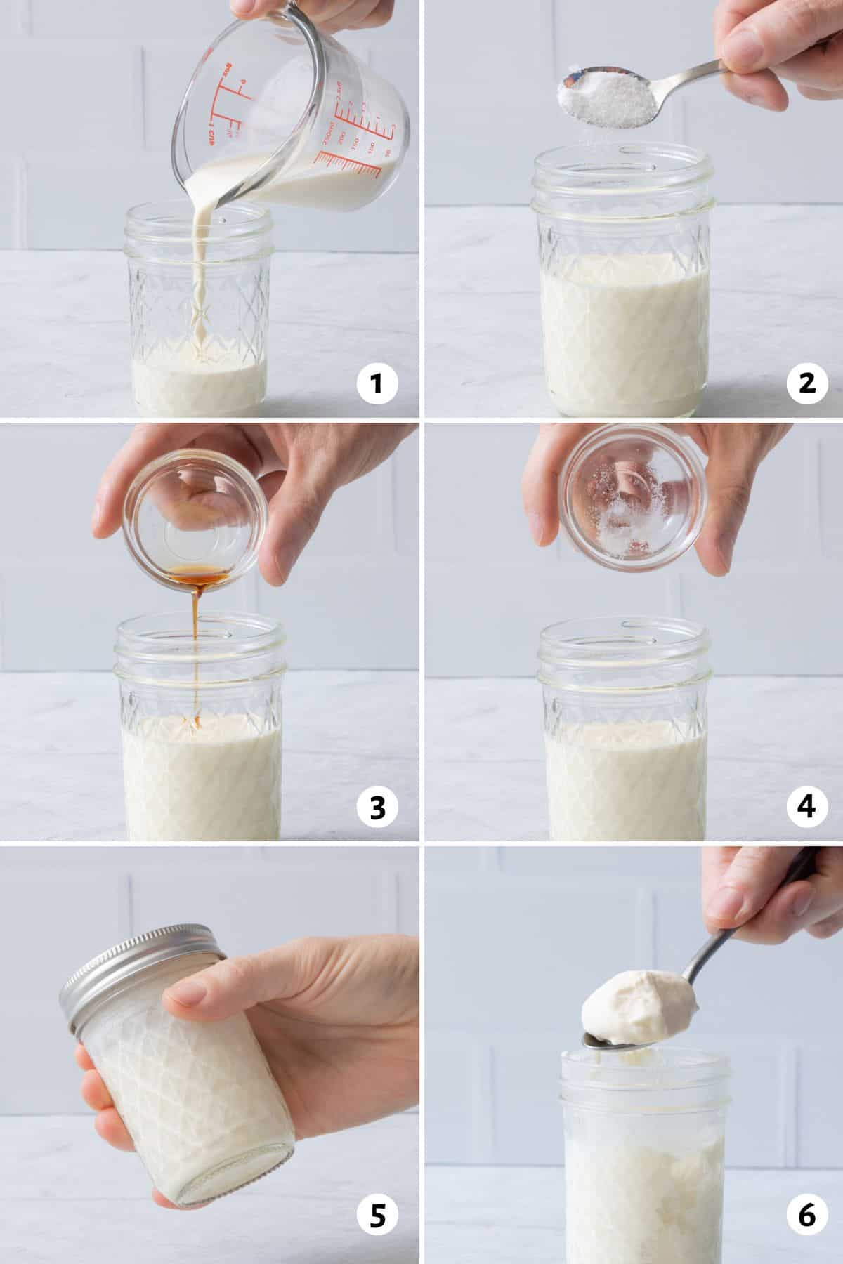 6 image collage on how to make ice cream in a mason jar.