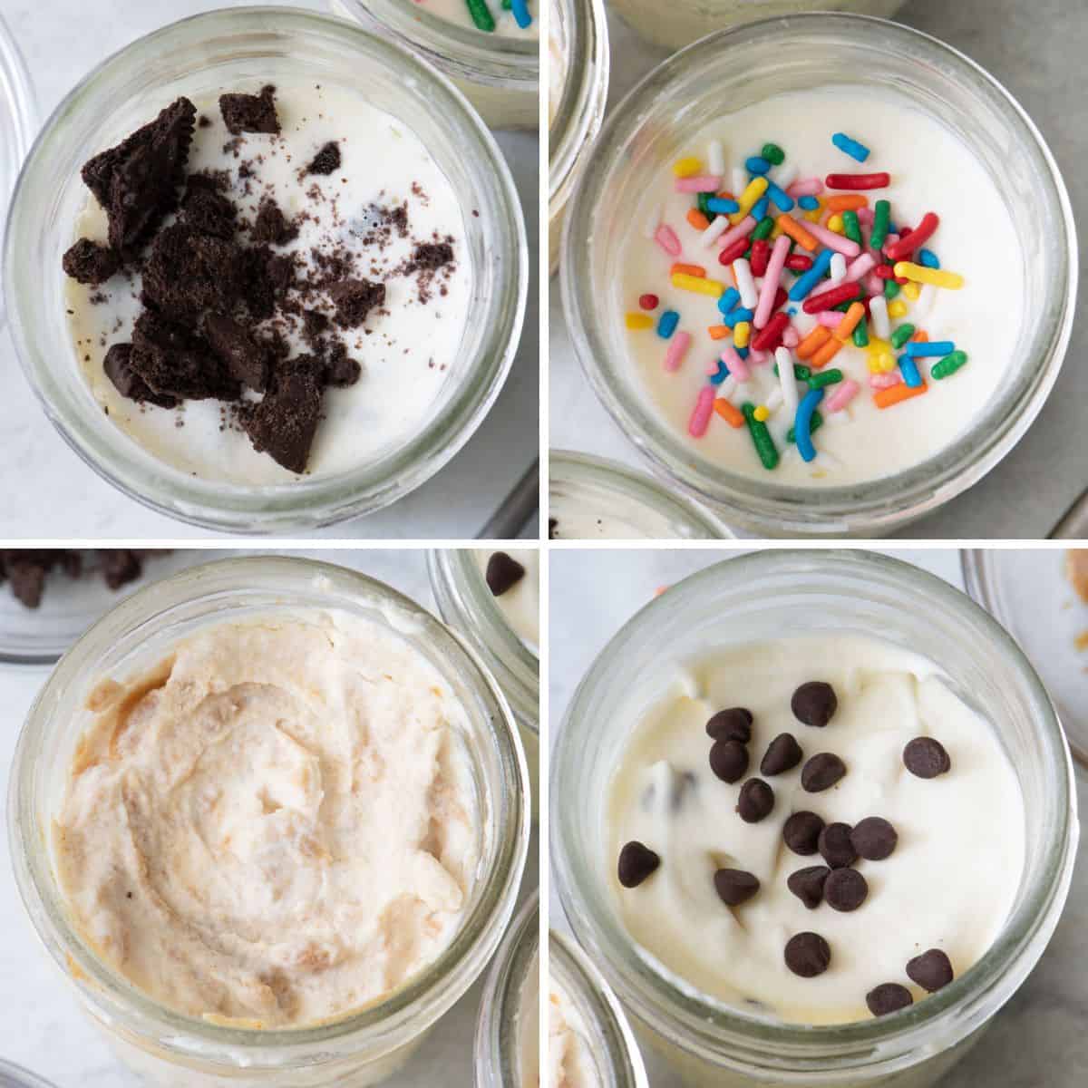 4 image collage with top view of homemade icecream, each with diffrent toppings.