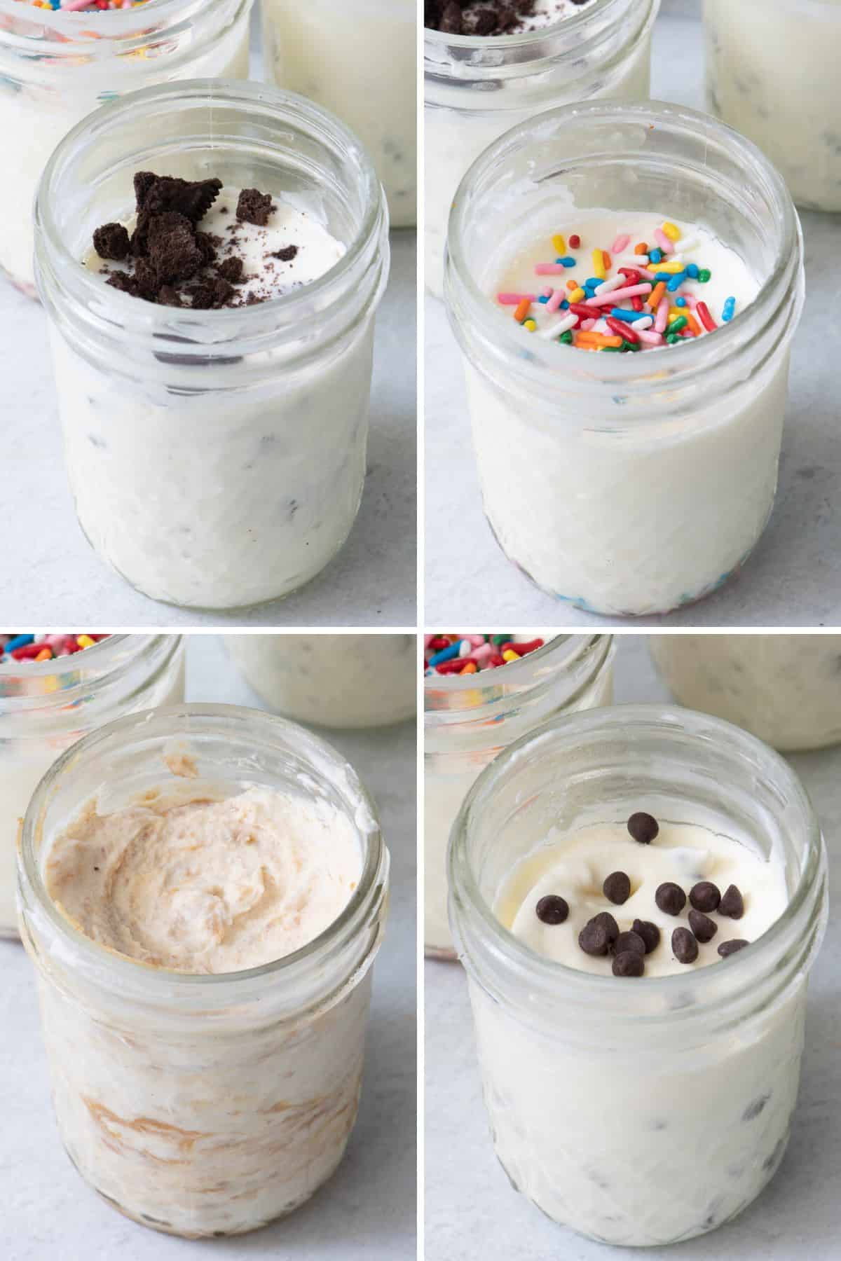 4 image collage of different mason jars filled with ice cream, each with different toppings: oreo, sprinkles, peanut butter, and chocolate chips.