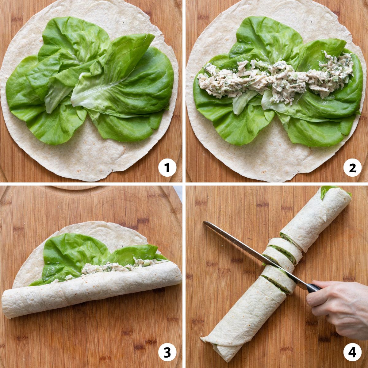 4 image collage on how to make a pinwheel sandwich recipe: spread sauce, add toppings, roll tortilla shell, slice into thin rings.