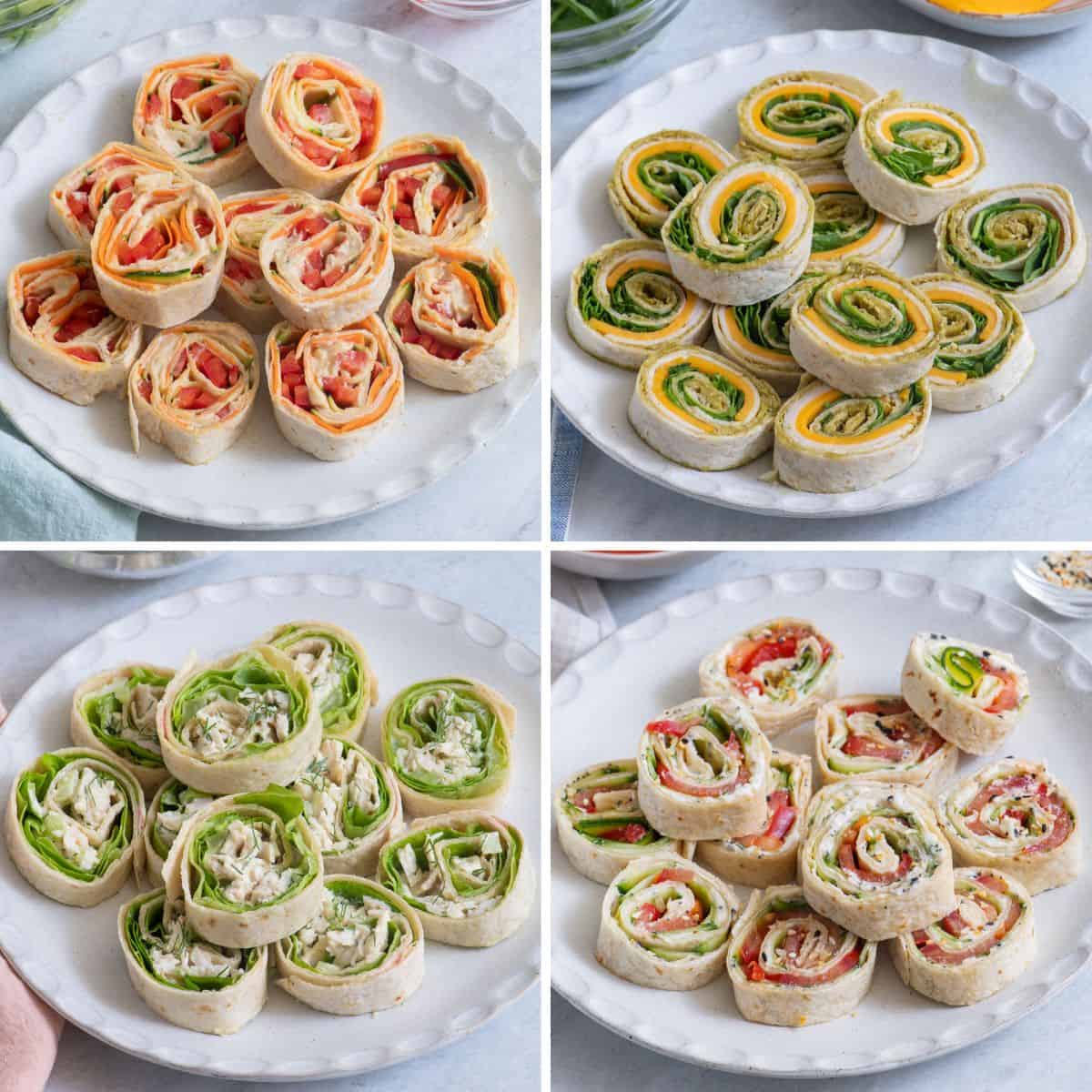 4 image collage of different pinwheel sandwiches on round plates.