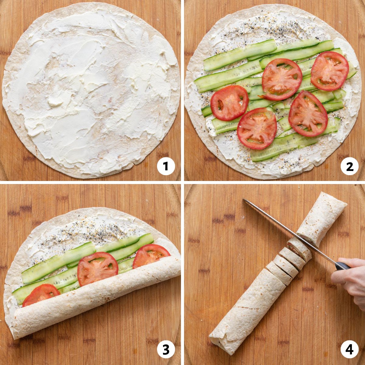 4 image collage on how to make a pinwheel sandwich recipe: spread cream cheese, add tomato and cucumber, roll tortilla shell, slice into thin rings.