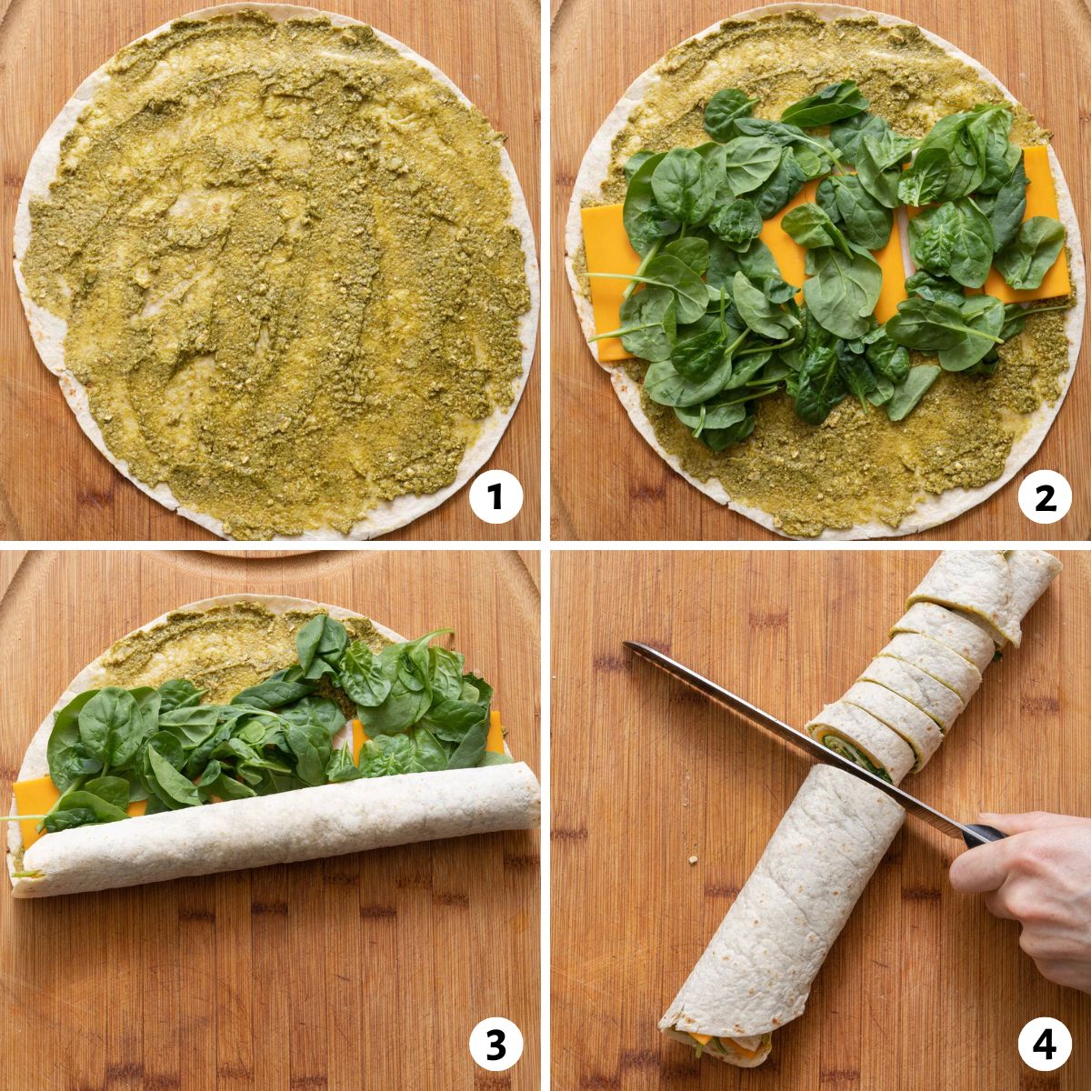 4 image collage on how to make a pinwheel sandwich recipe: spread pesto, add spinach and cheese, roll tortilla shell, slice into thin rings.
