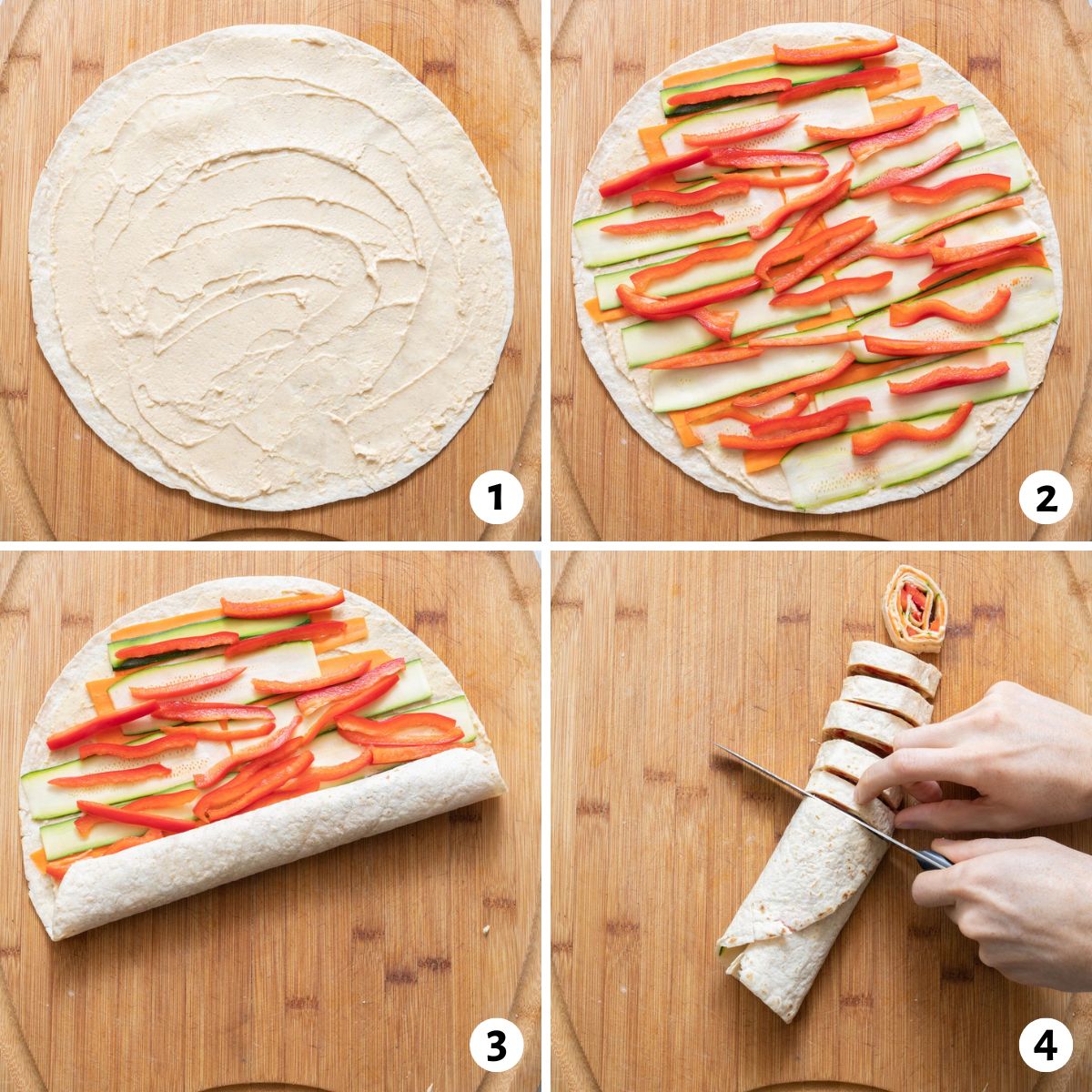 4 image collage on how to make a pinwheel sandwich recipe: spread hummus, add bell pepper and zucchini, roll tortilla shell, slice into thin rings.