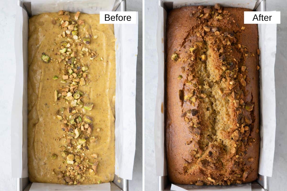 Before and after collage of bread batter in loaf pan and after being baked.