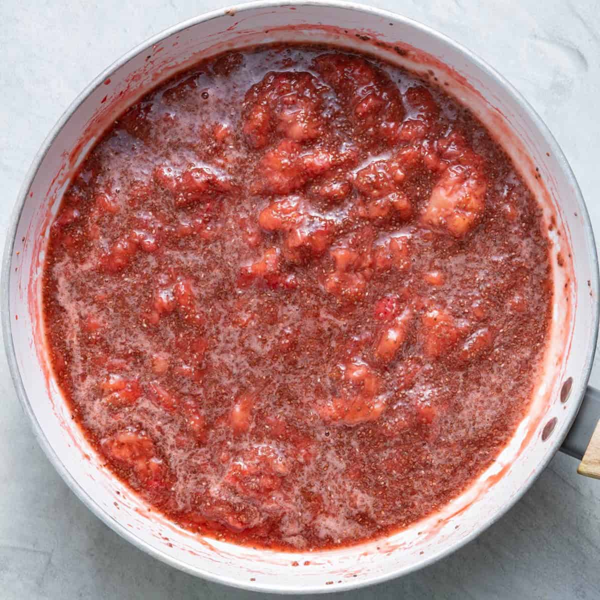 After fully combining all of the ingredients for the strawberry chia jam.