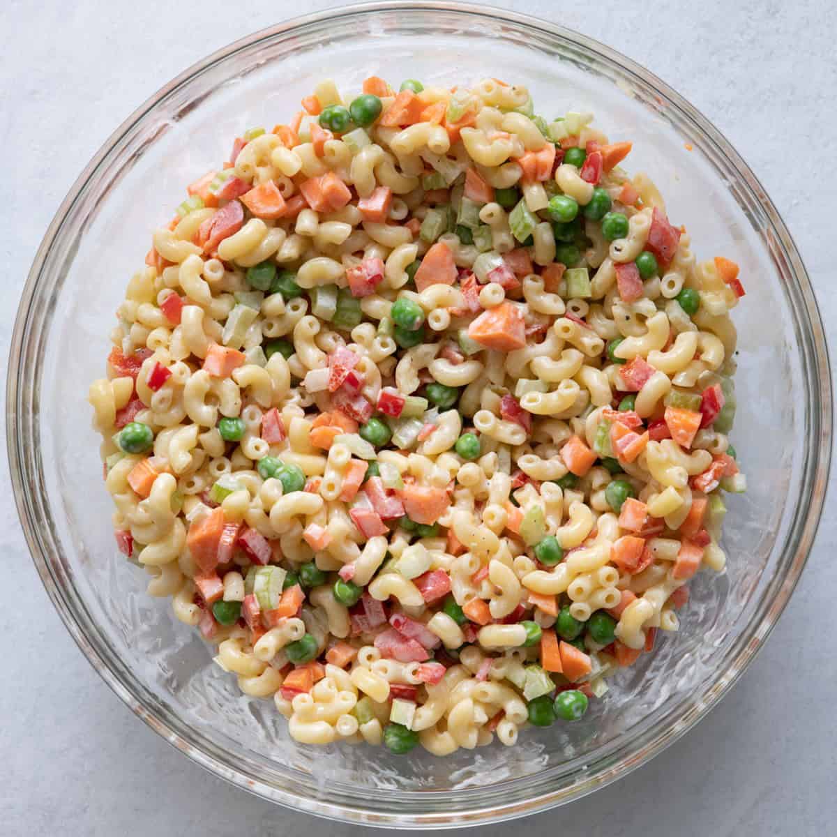 Macaroni salad all tossed.