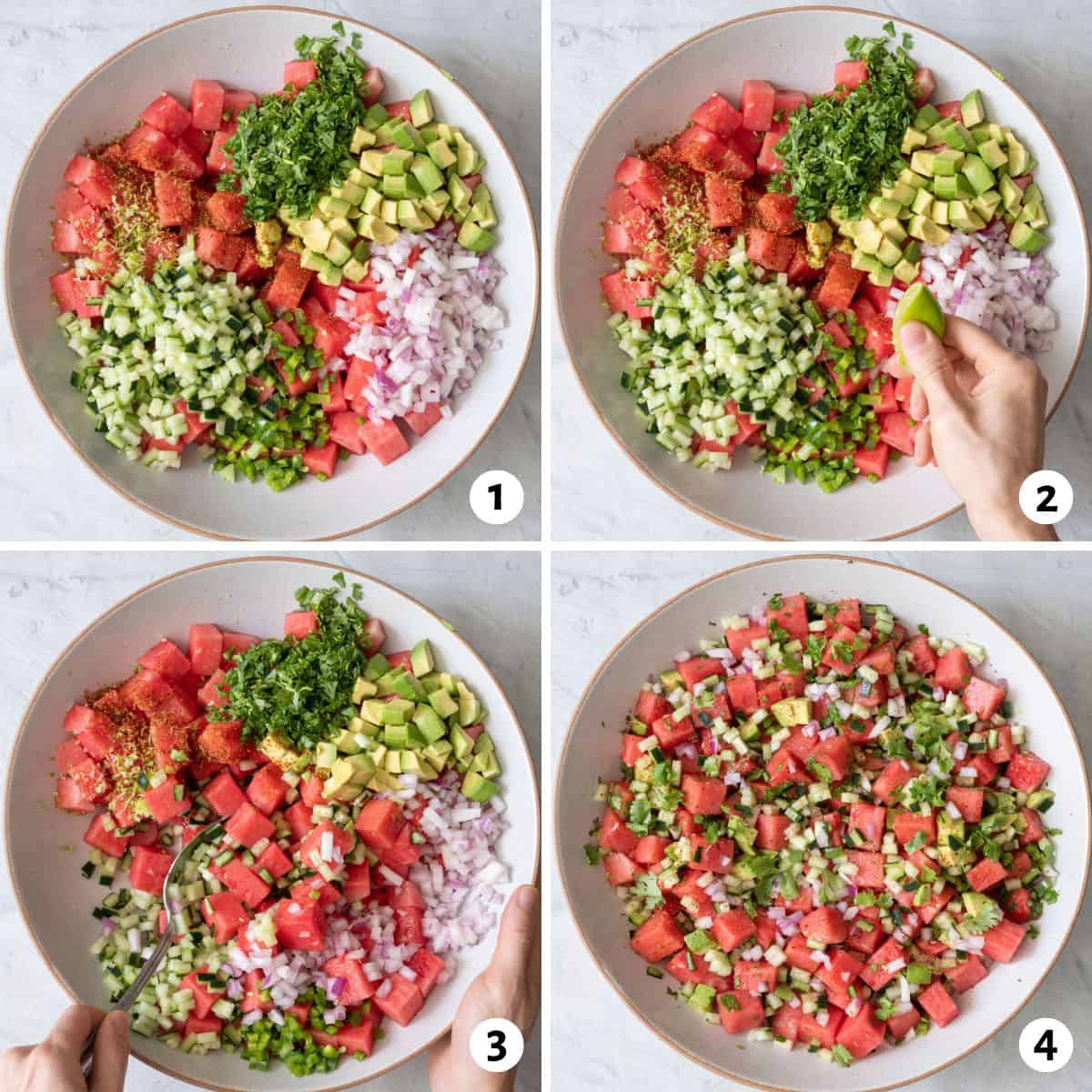 4 image collage mixing ingredients for salsa recipe in one bowl.