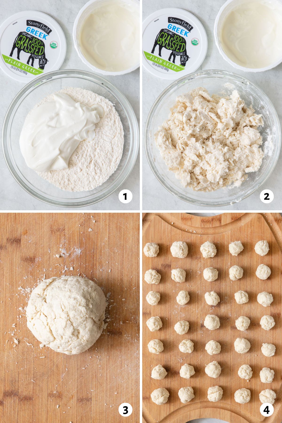 4 image collage making dough with Stoneyfield plain Greek yogurt in small bowl, forming into a large ball, and then dividing into many small dough balls.