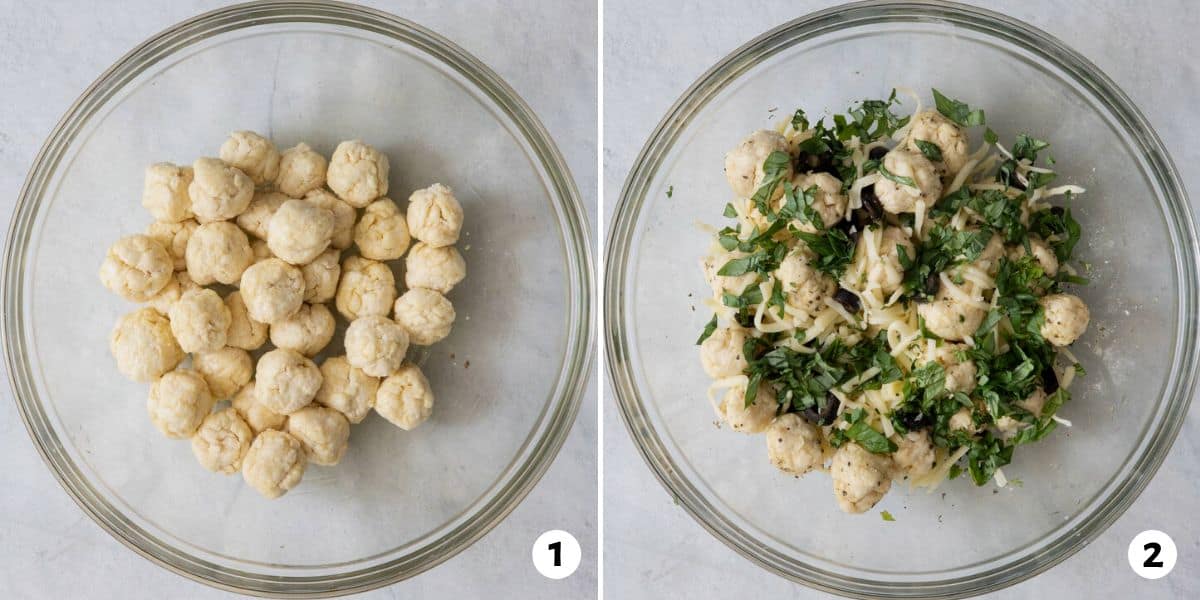 2 image collage of dough bites in a bowl with olive oil and then tossed with everything in.