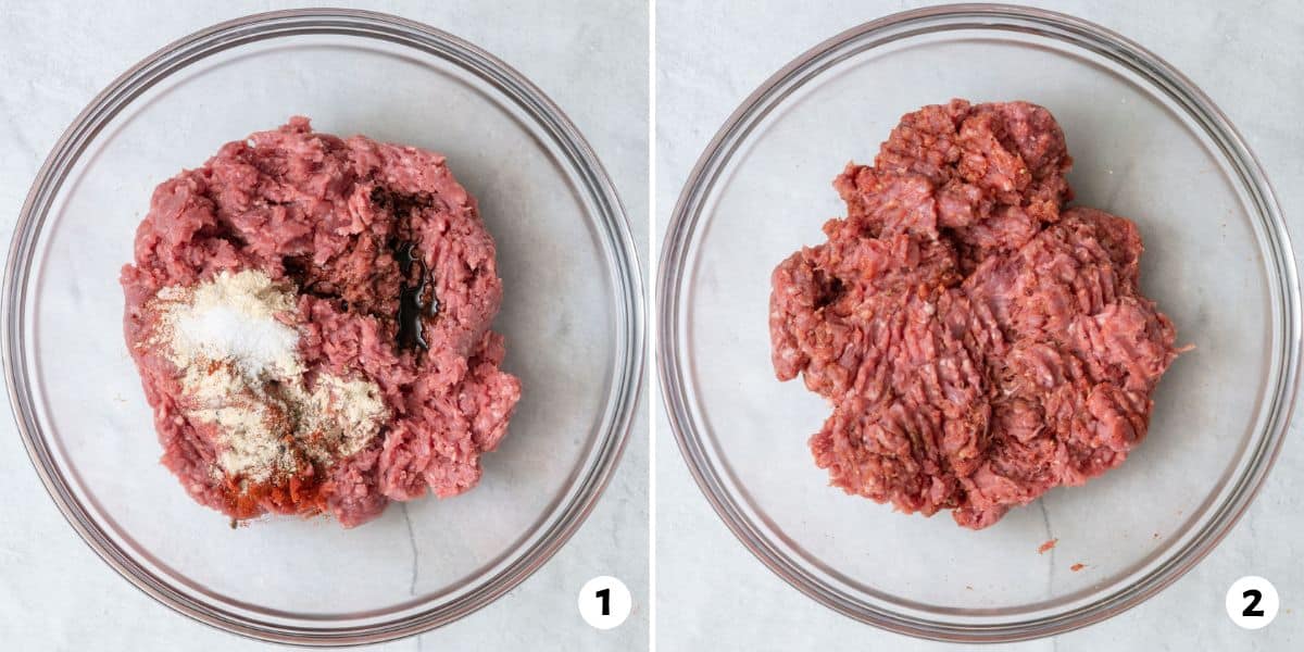 2 image collage of meat with seasonings and after being mixed.