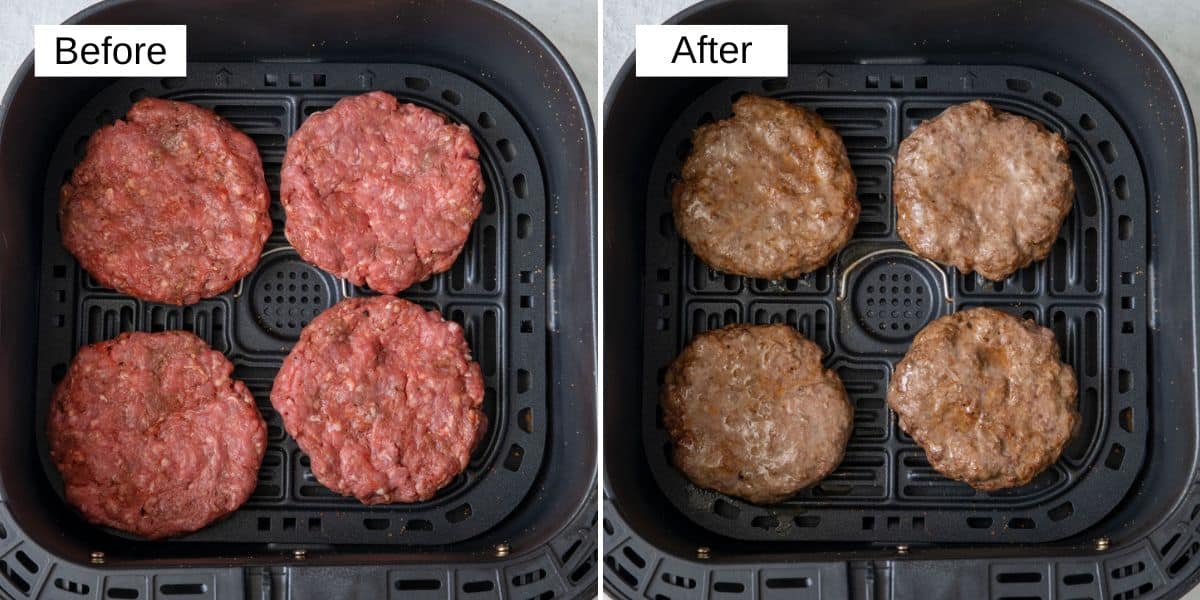 Before and after image of patties cooked in a large square air frying basket.