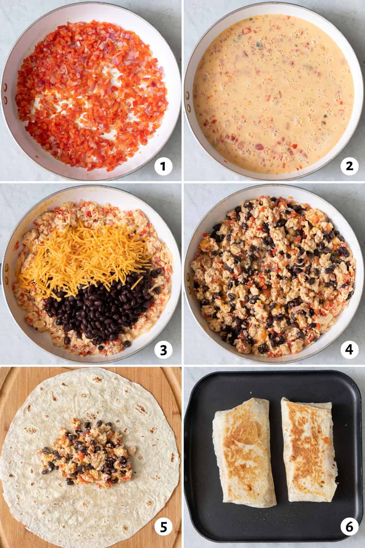 6 image collage cooking filling in one pan, filling a tortilla, and grilling it as a burrito.