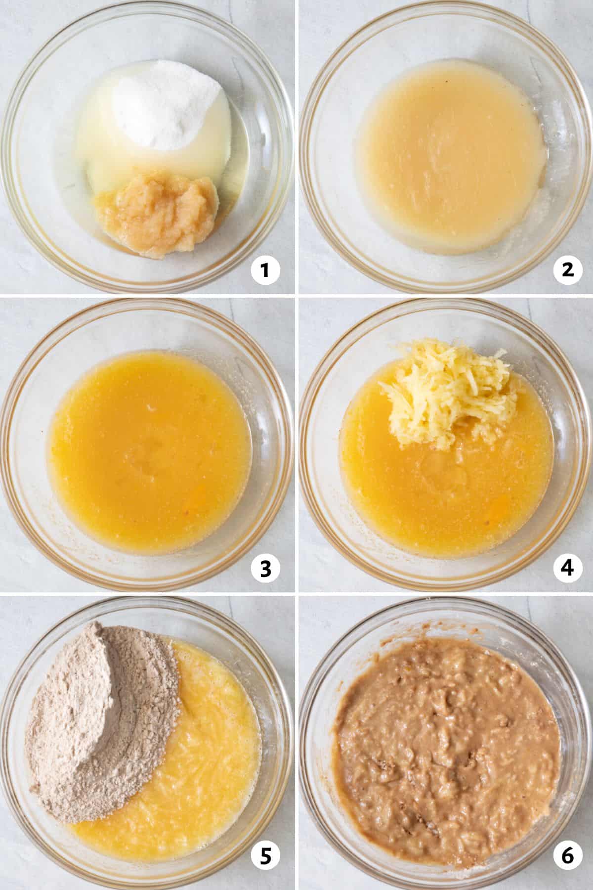 6 image collage on how to make recipe batter in bowl: sugar, applesauce and oil in bowl, then combined, eggs and vanilla mixed in, grated apple added, dry ingredients added, and batter completely combined.