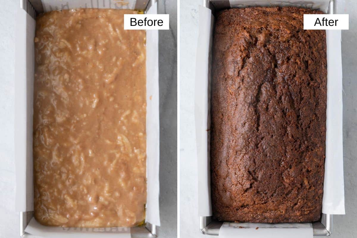 Before and after collage of bread batter in a loaf pan and then baked.