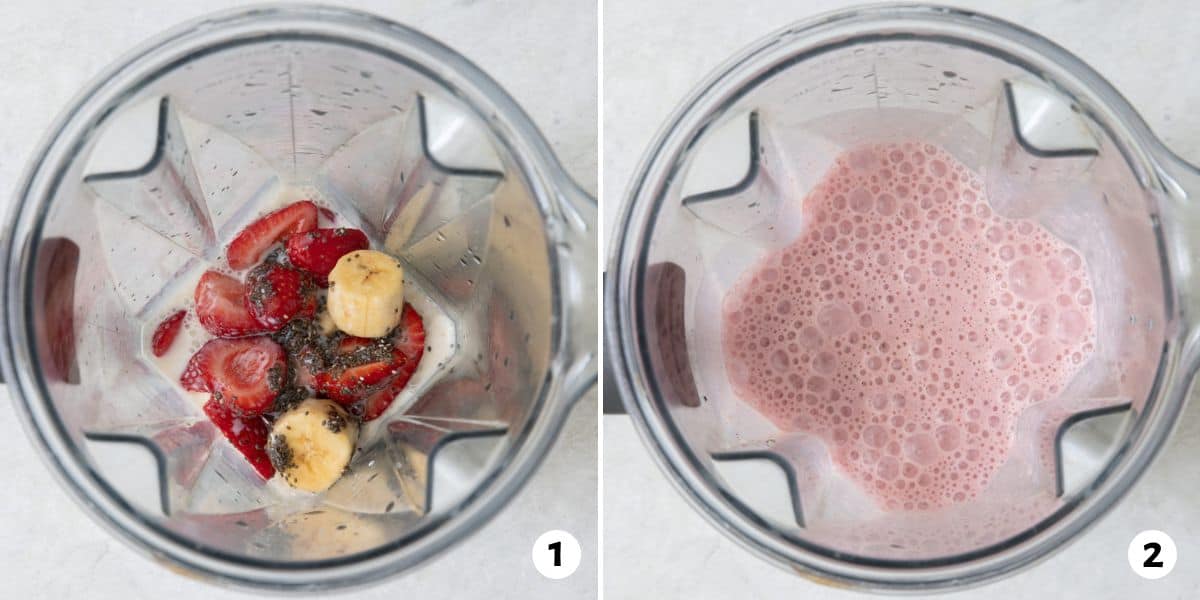 2 image collage of strawberries, bananas, milk, and seeds in blender before and after being mixed.
