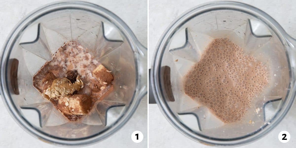 2 image collage of chocolate, peanut butter, banana, and milk in blender before and after being mixed.