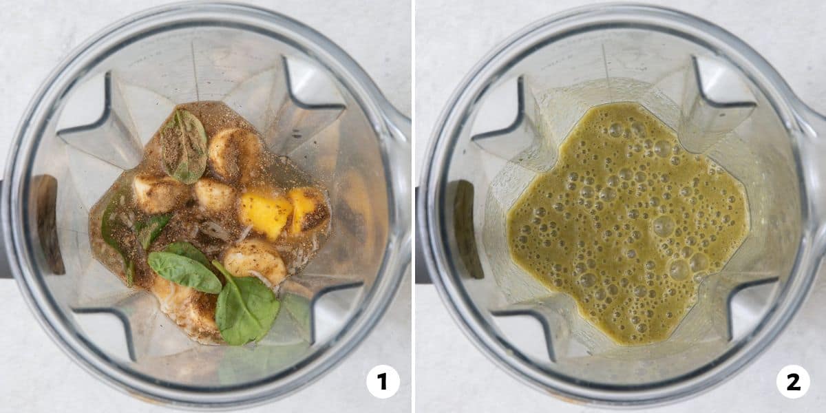 2 image collage of banana, mango, spinach and other ingredients in blender before and after being mixed.