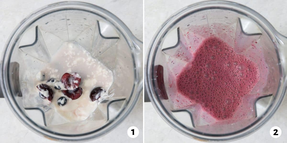 2 image collage of cherries, yogurt and other ingredients in blender before and after being mixed.