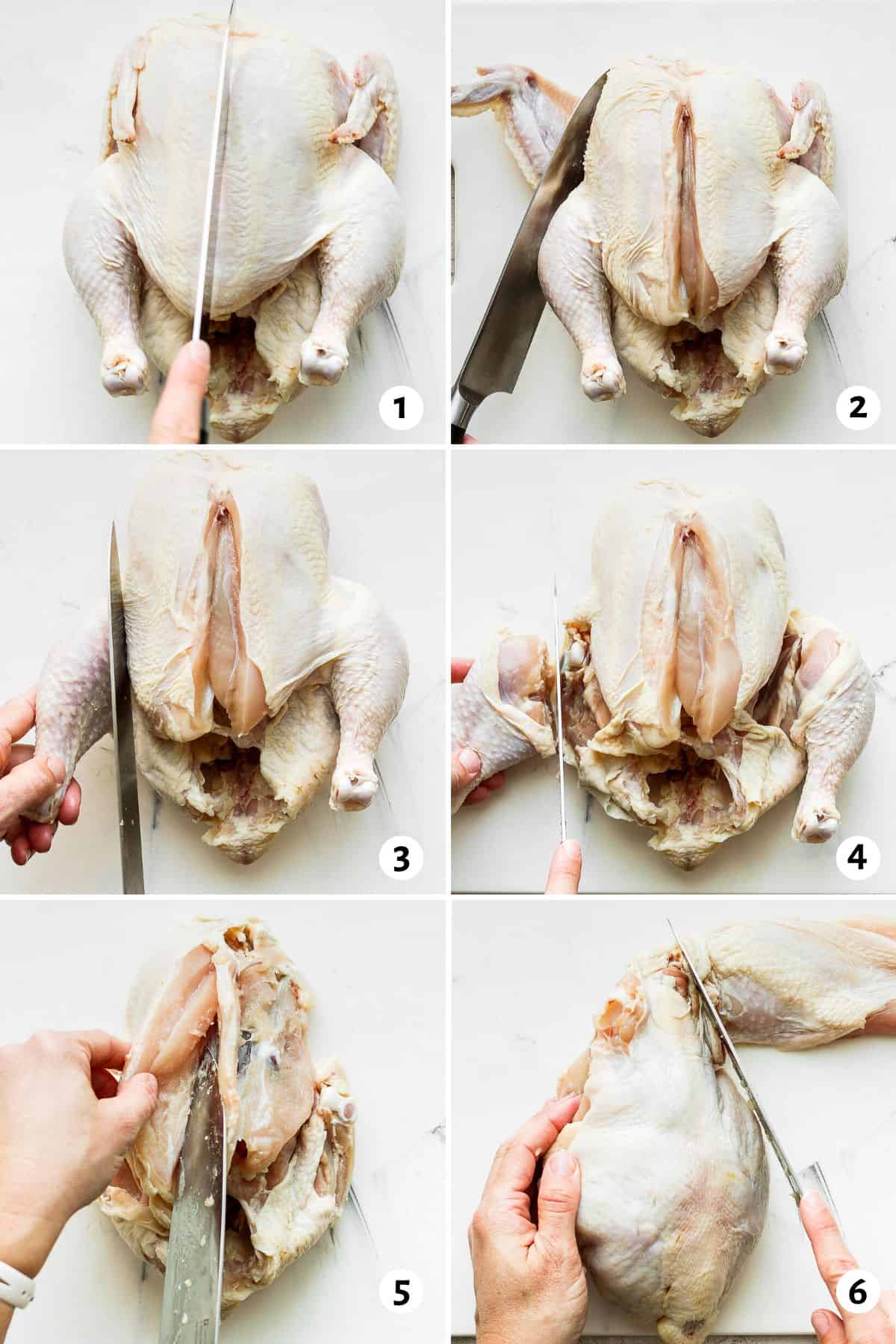 6 image collage on how to cut poultry by running knife down breast plate, cutting socket to remove wing, cutting along skin between drum and breast to separate legs, cutting at joints between things and drumsticks to separate, cutting down at breast again, then flipping chicken and cutting off bones with knife.