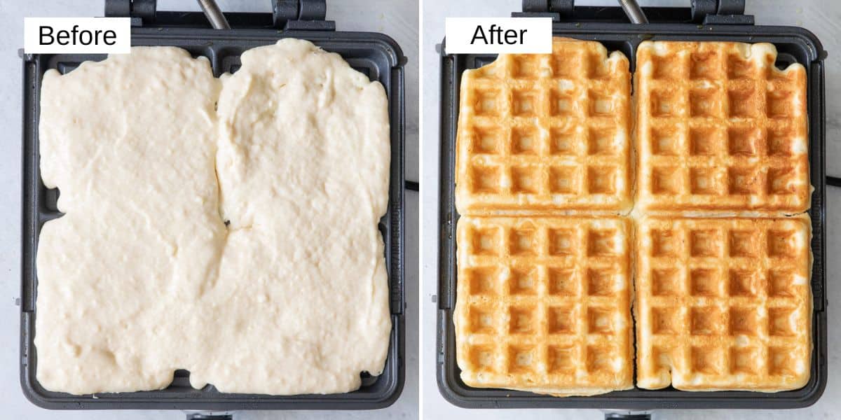 Before and after collage of waffle batter in a square waffle maker and after being cooked.