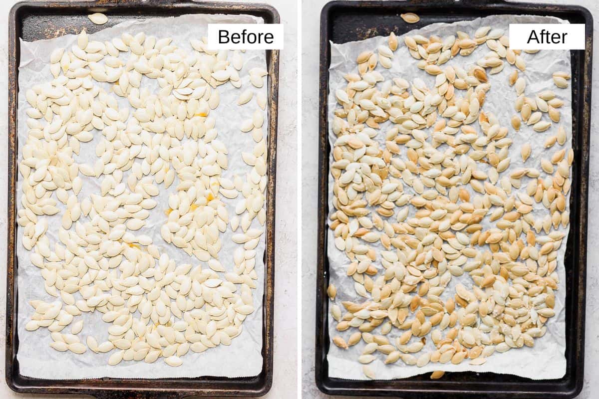 Before and after collage of pumpkin seeds on a baking sheet lined with parchment paper.