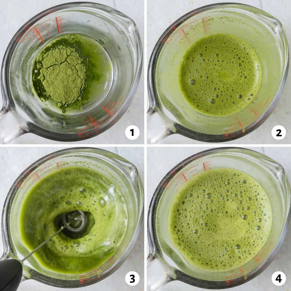 4 image collage blending together ingredients until smooth.