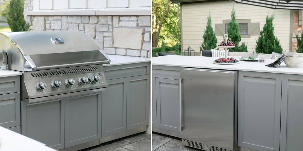 2 image collage showing the cabinets with the grill and with the beverage cooler