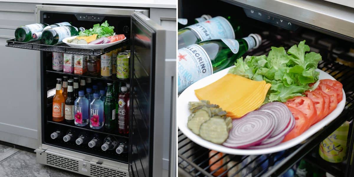 2 image collage showing the Zephyr outdoor beverage cooler and the full extension wire rack holding veggies for the grill 