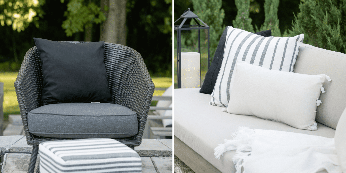 2 image collage showing the lounging area of the patio with the furniture and decor