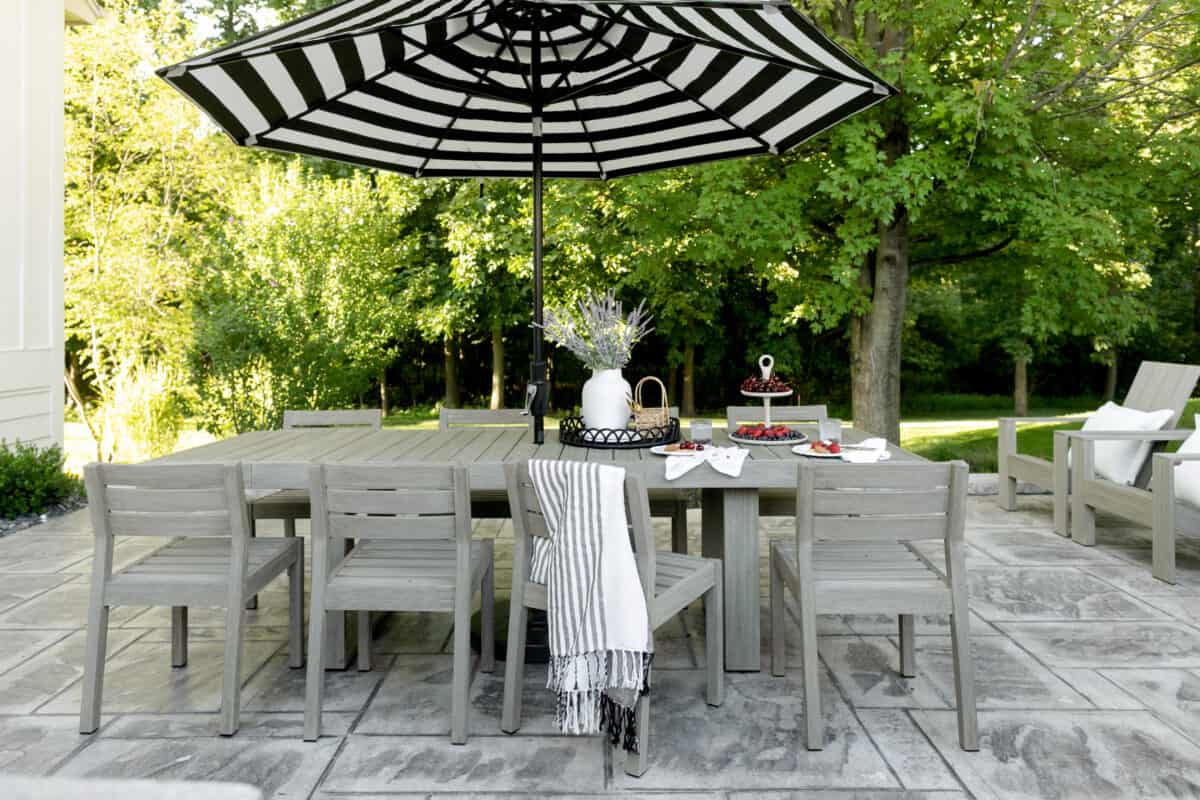 Dining area in the outdoor patio with umbrella