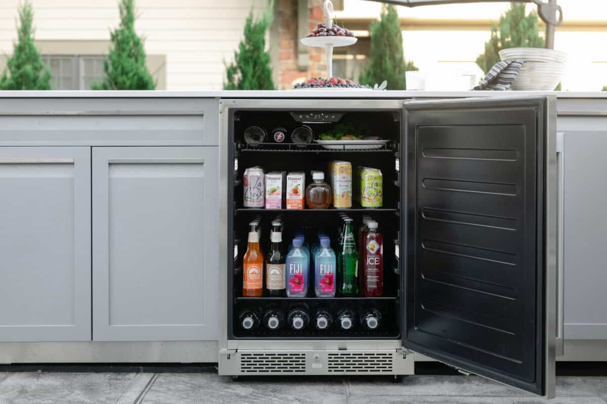 Outdoor beverage cooler stocked with drinks