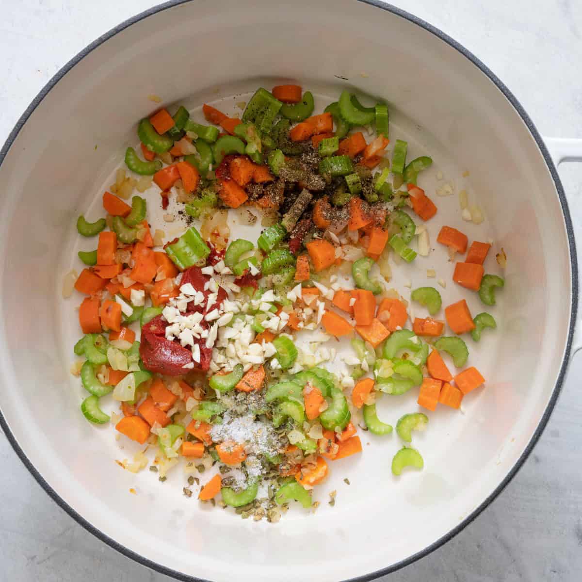Garlic, tomato paste, oregano, and salt added to the pot.