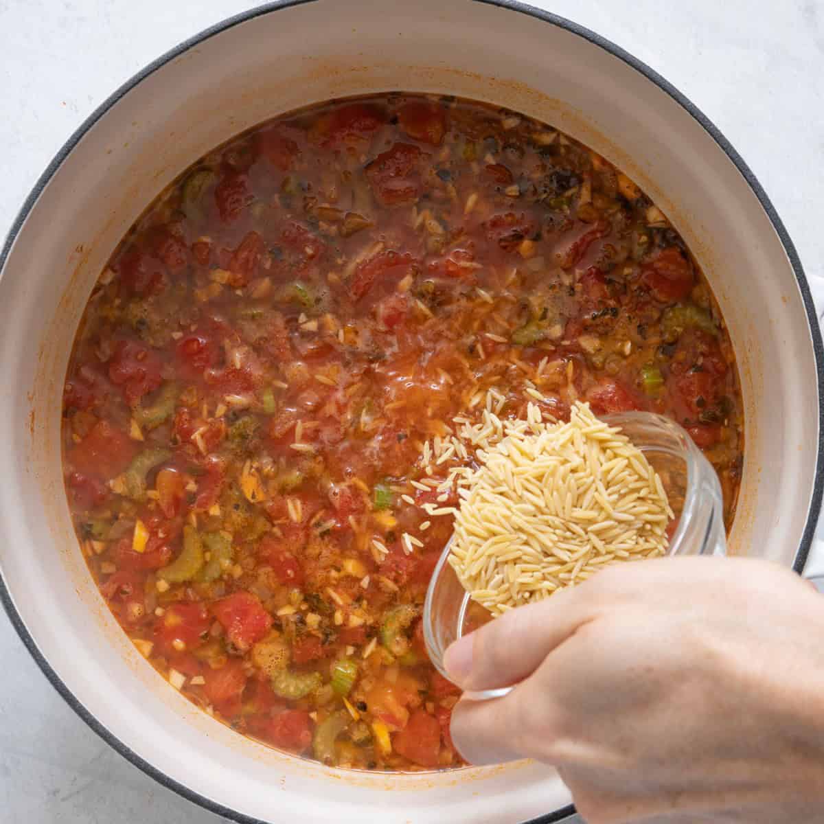 Orzo added to the soup.