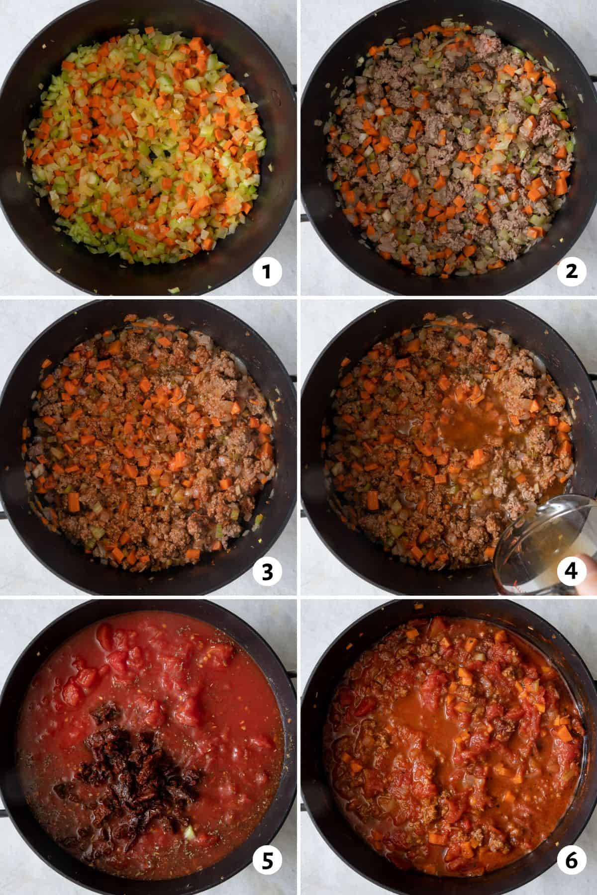 6 image collage on how to make recipe in one pot.