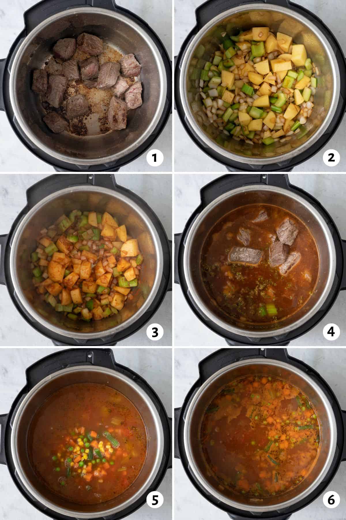 6 image collage on how to make recipe in an instant pot: beef sauteed, fresh vegetables added and cooked down, diced tomato, broth and beef added, frozen veggies added, and the finished product.