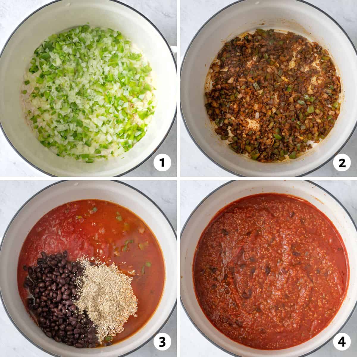 4 image collage on how to make recipe in one pot.