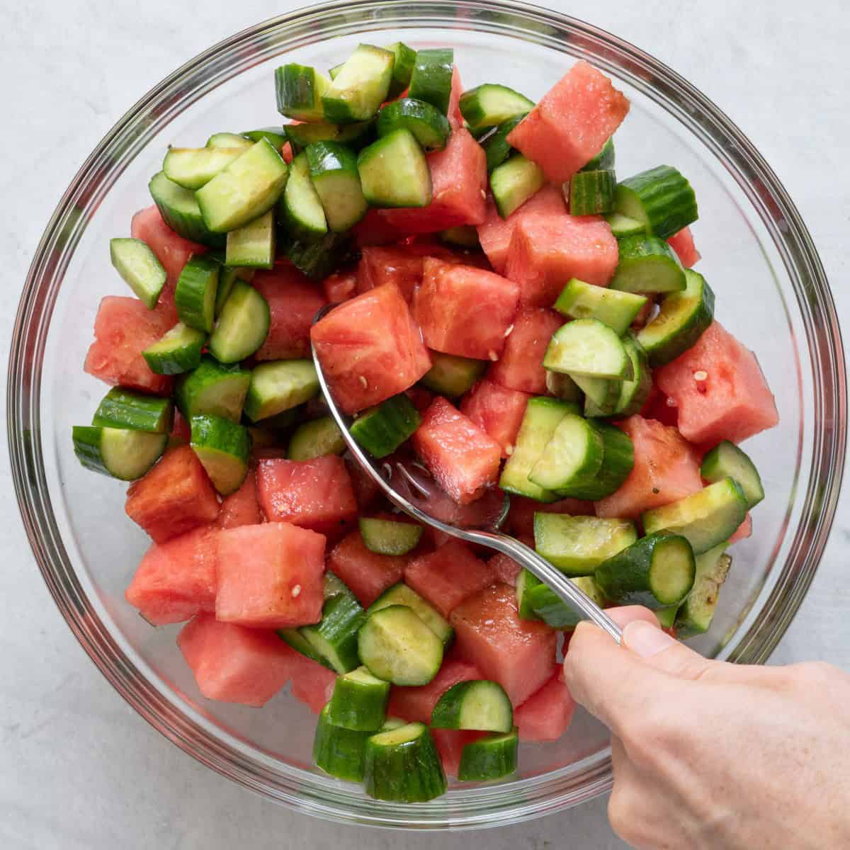 Mix watermelon and cucumbers with dressing.